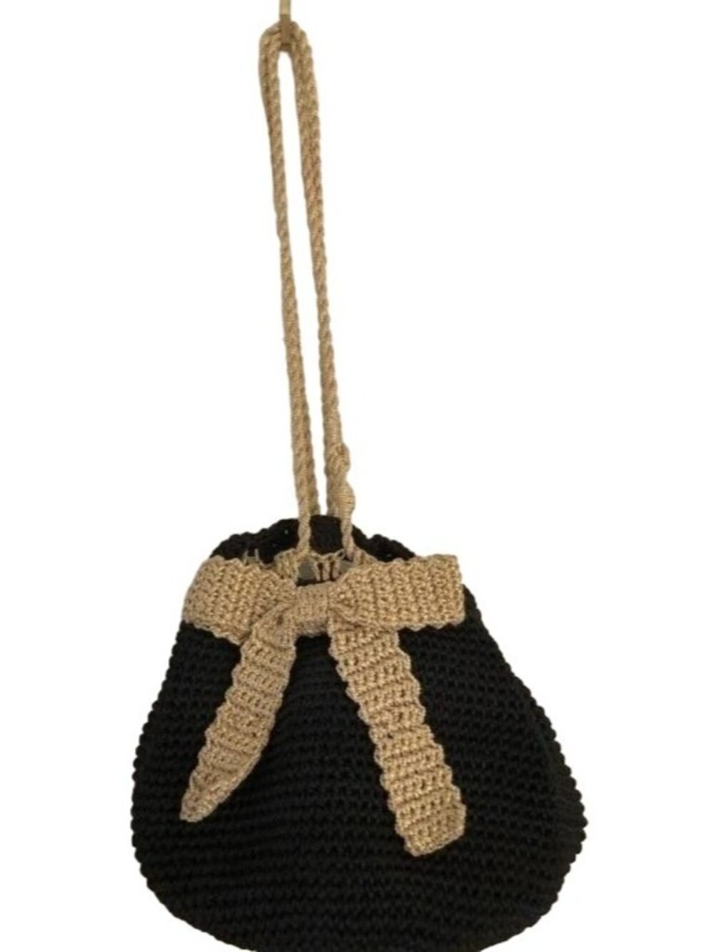 Timmy Woods Beverly Hills Vintage Black Crochet Woven Bucket Bag with Gold Bow